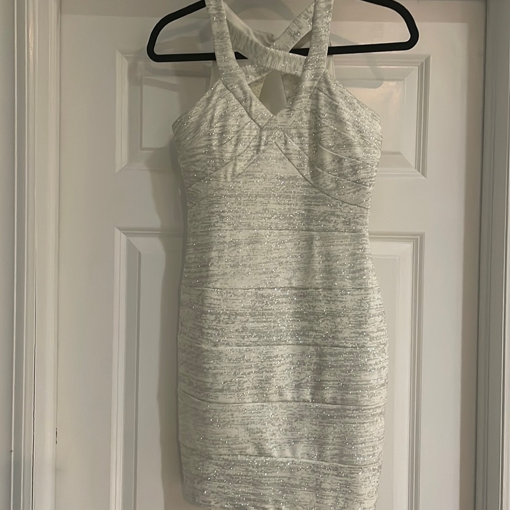 Beautiful cocktail dress with silver shimmer. From Nordstrom like new!!